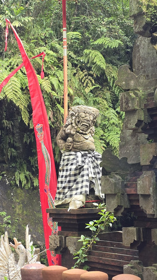 Stone statue in checkered cloth under a red umbrella, surrounded by lush ferns. Earthen pots on red cloth in the foreground.