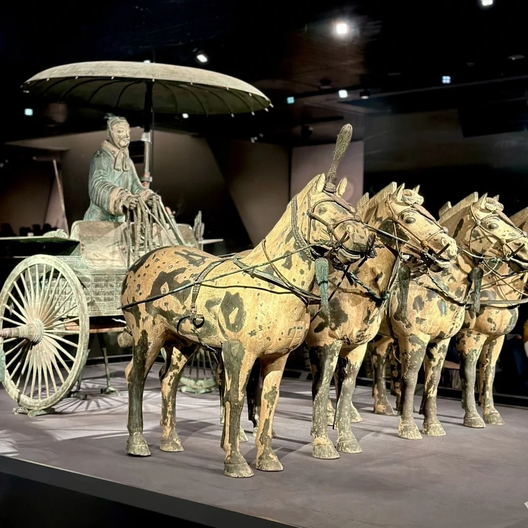 A Terracotta Warrior mounted on a chariot, with four horses, showcasing the detailed craftsmanship of the figures and their military role in the Qin Dynasty.