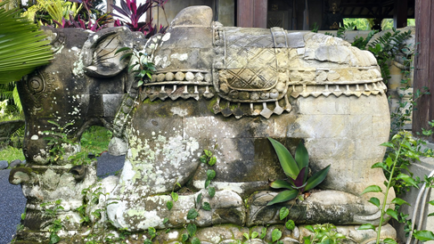Stone elephant statue adorned with intricate patterns, partially covered by moss and leaves, set in a lush garden with tropical plants.