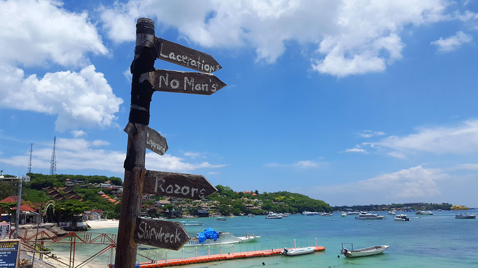Wooden signpost with directions like "Razors" and "No Man's" on a sunny beach, blue sky, boats on turquoise water, lush green hills.