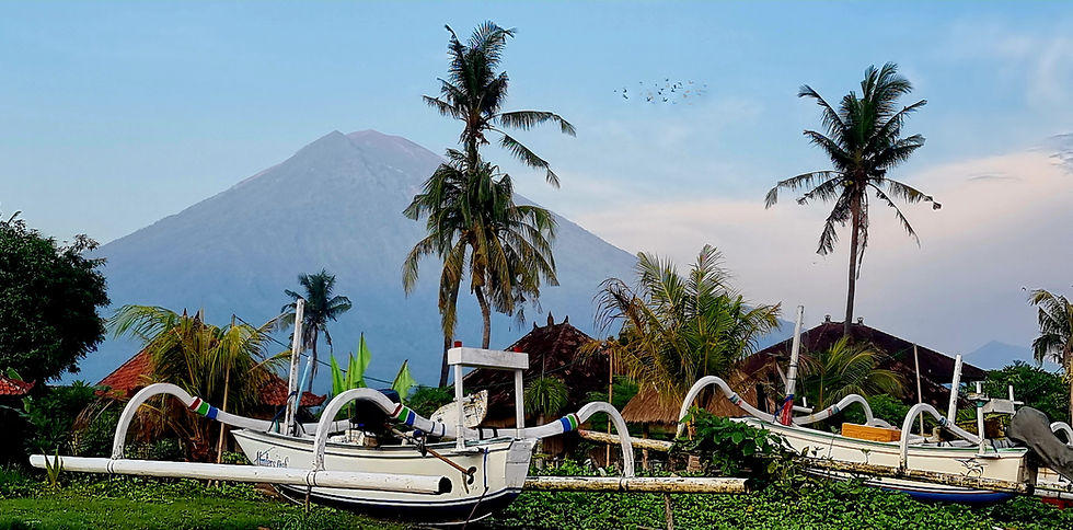 White outrigger boats on grass with palm trees, village roofs, and a misty volcano under a blue dawn sky.