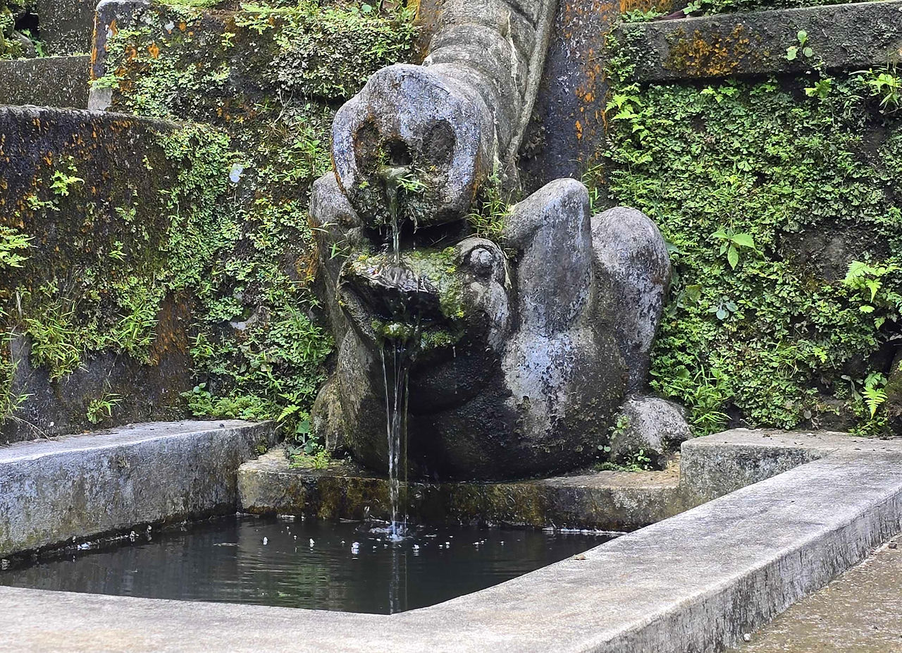 Stone frog statue with water pouring from a spout on its head, mossy walls in the background