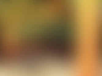 Ornate bonsai trees in decorative pots on pebbles, against a vibrant red and yellow screen. Background features golden patterned columns.