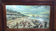 Diorama in a timber frame depicting Balinese villagers clashing with Dutch soldiers during a chaotic village battle on the beach.