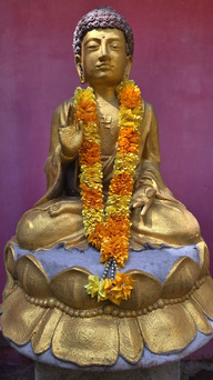 Golden Buddha statue with orange-yellow garland, set against a pink wall. The statue is in a meditative pose, conveying peace.