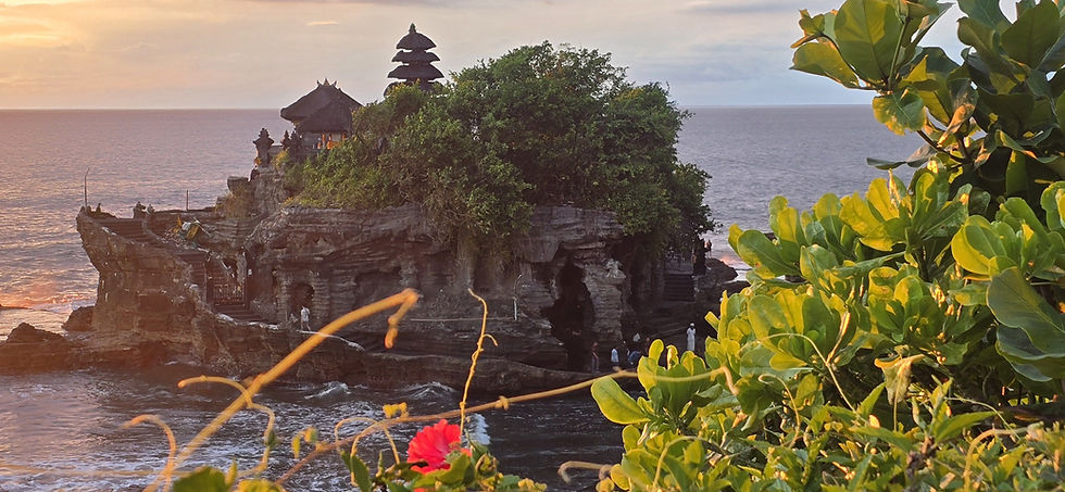 Sunset view of Tanah Lot Temple on a rocky cliff surrounded by ocean. Lush green plants and a vibrant red flower in the foreground.
