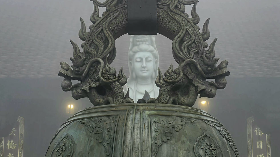 Ancient bell with dragon carvings in foreground, serene white Buddha statue in misty background. Subtle golden lights.