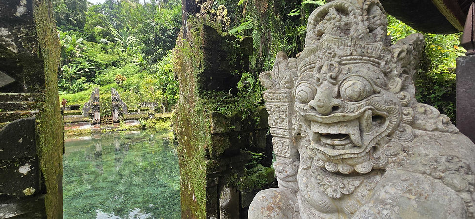 Ornate stone statue with large eyes near a mossy temple wall, overlooking a serene pond. Lush greenery fills the vibrant background.