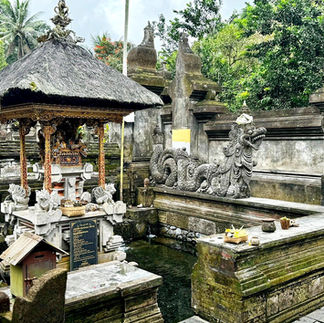 Stone temple altar with intricate carvings and a dragon naga statue, surrounded by lush greenery. Various offerings are placed on the steps.