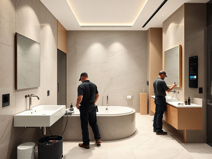 Two workers installing fixtures in a modern bathroom with stylish design