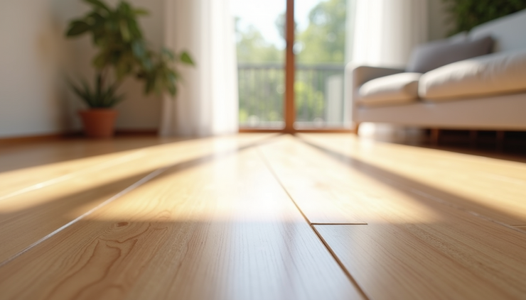 Eye-level view of a freshly installed hardwood floor in a living room