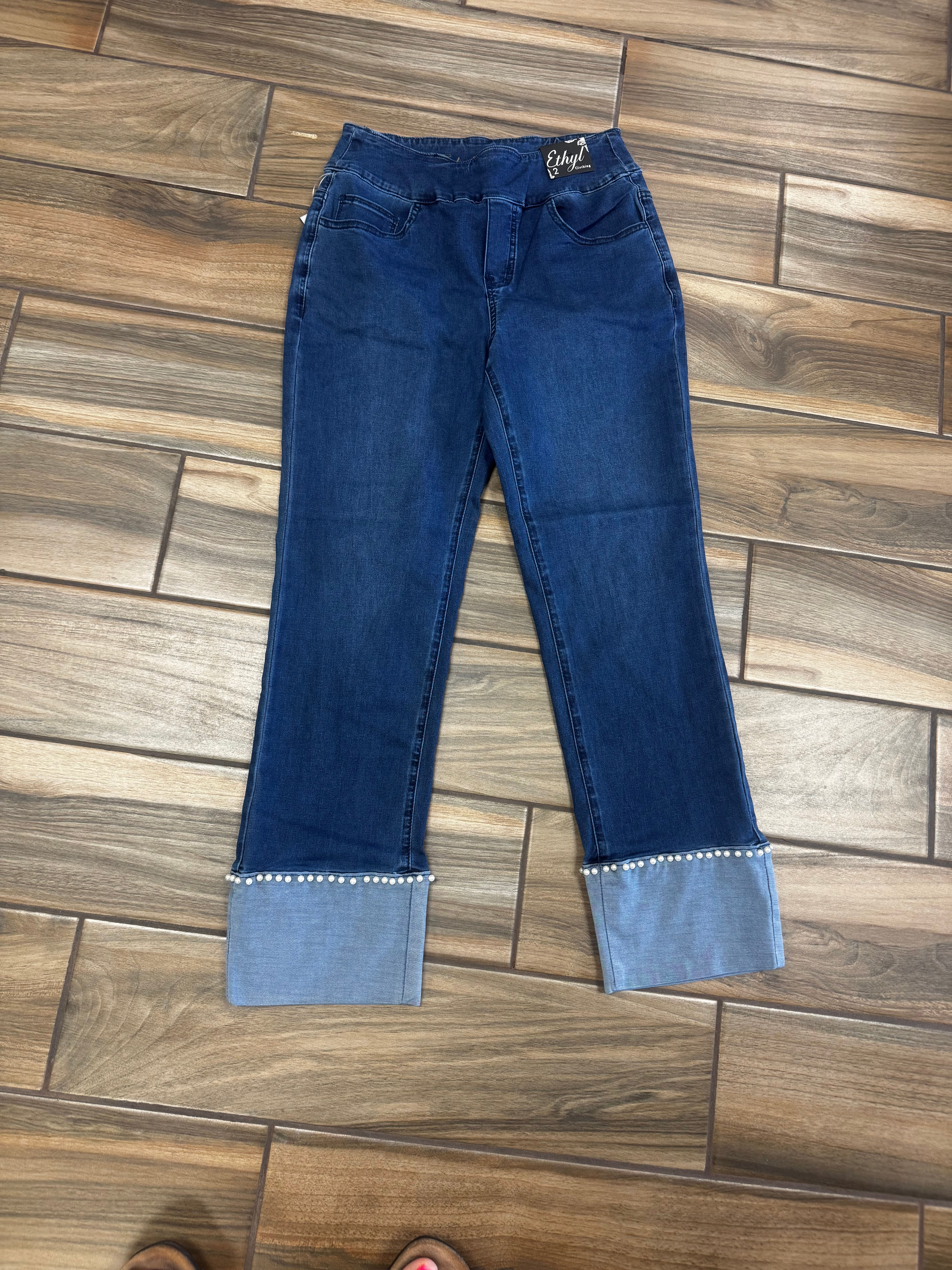 Cropped Cuff Jeans with Pearl Detail