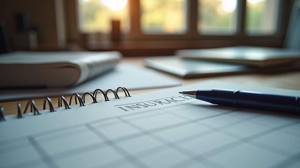 Eye-level view of a study desk with insurance textbooks and notes