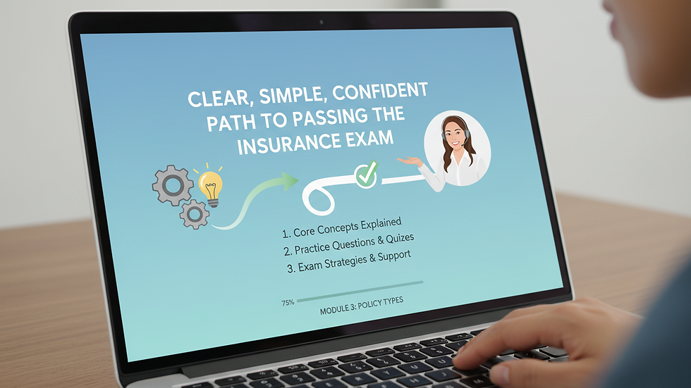 Close-up view of a laptop screen showing an online property and casualty insurance class