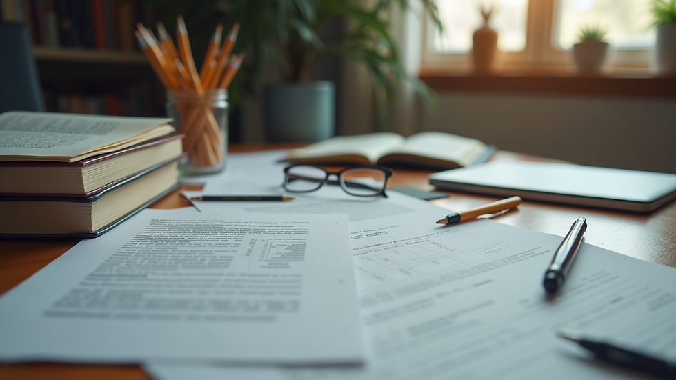 Eye-level view of a study desk with textbooks and notes