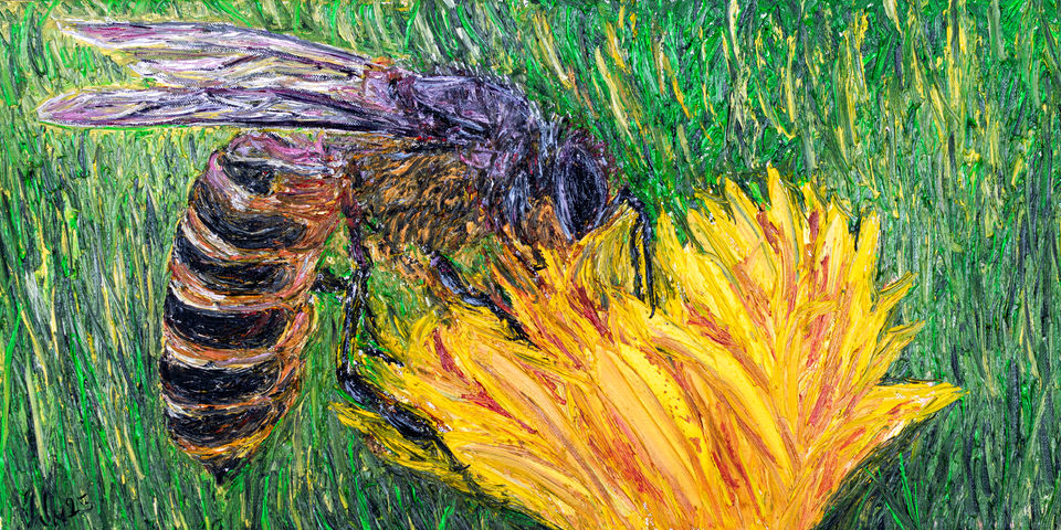 Oil painting of a bee on a yellow flower in the grass. 
