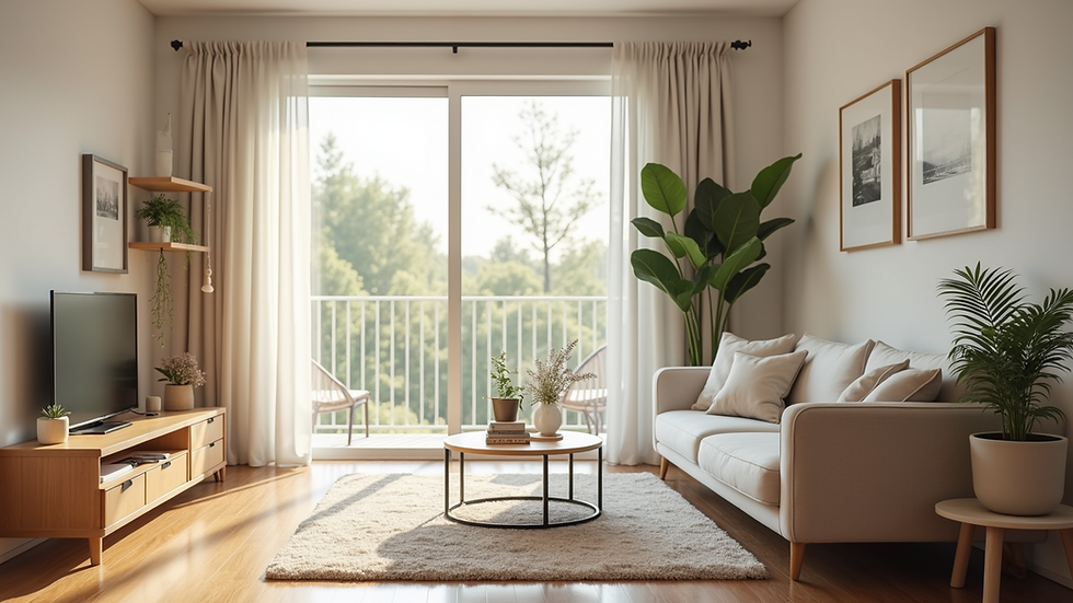 Eye-level view of a tranquil living space with bright decor
