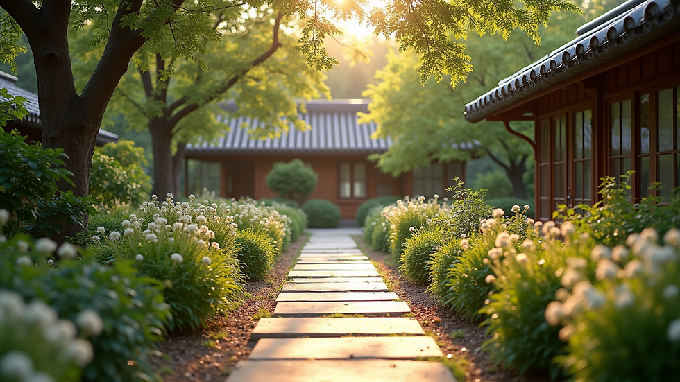 Wide angle view of a serene garden representing positive energy