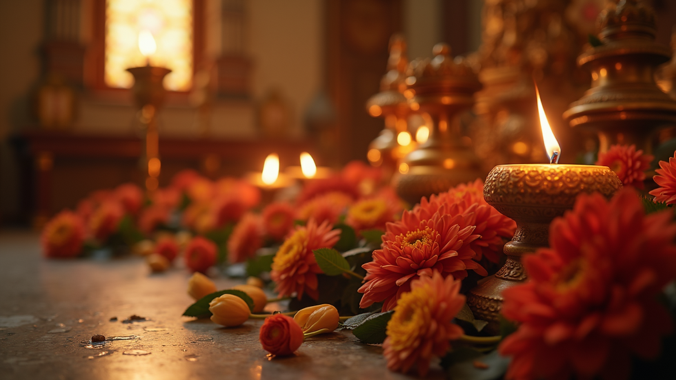 Close-up view of a sacred space adorned with flowers and oil lamps