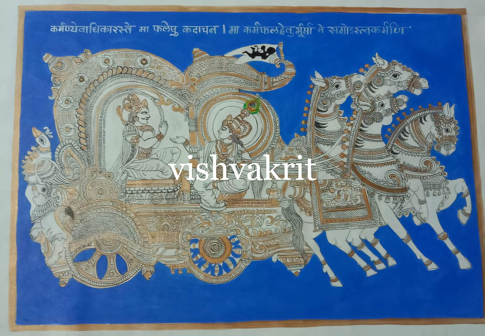 Close-up view of a vibrant Vastu painting featuring a flowing river and greenery