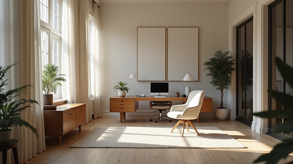 Eye-level view of an elegantly designed workspace with natural light