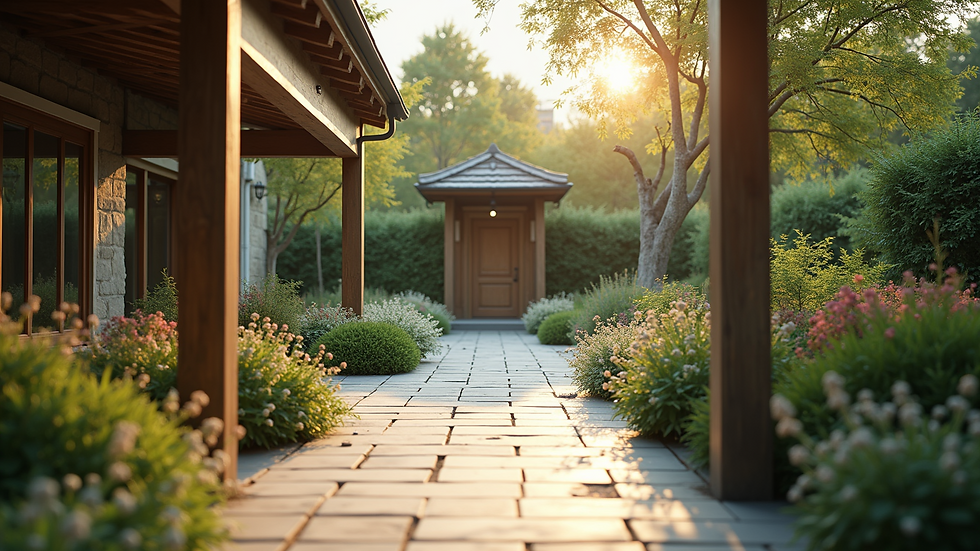 Eye-level view of a serene north-facing outdoor garden space