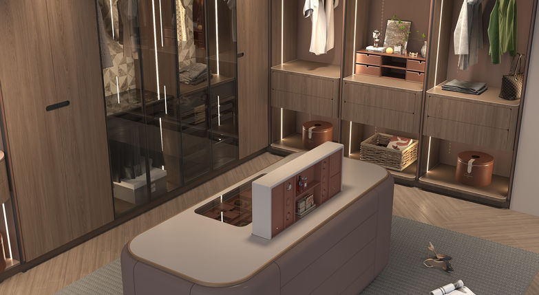Grain Series walnut wood-grain wall wardrobe with glass panels, LED strip lighting and matching central island, premium stainless steel wardrobe by Radiant Edge Design Singapore