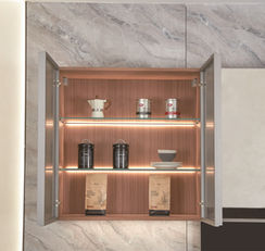 Open upper kitchen cabinet with LED interior lighting and wooden-finish shelving, Radiant Edge Design