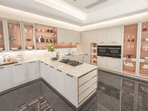 Ivory Series stainless steel kitchen cabinet in light clean finish, custom kitchen cabinetry by Radiant Edge Design Singapore