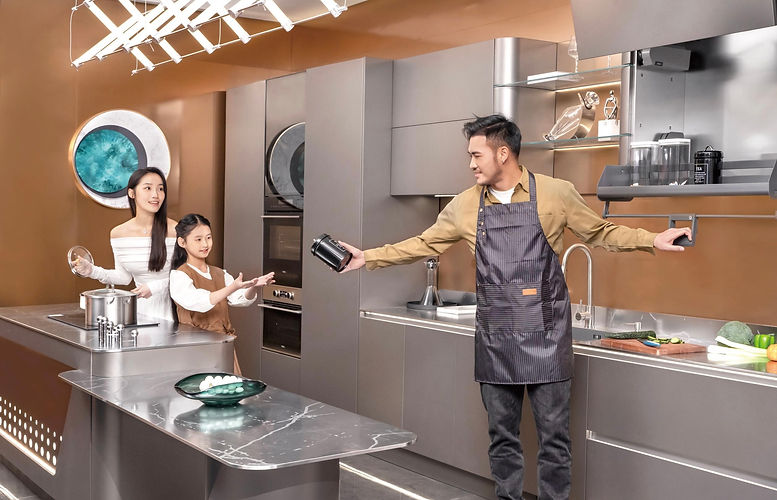 Arc Series stainless steel kitchen cabinet with curved design detail, fabricated to your dimensions by Radiant Edge Design Singapore
