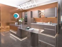 Arc Series stainless steel kitchen cabinet with curved design detail, fabricated to your dimensions by Radiant Edge Design Singapore