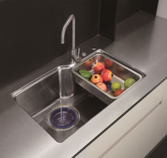 Form Series integrated stainless steel kitchen sink with removable prep insert, custom kitchen cabinet by Radiant Edge Design Singapore