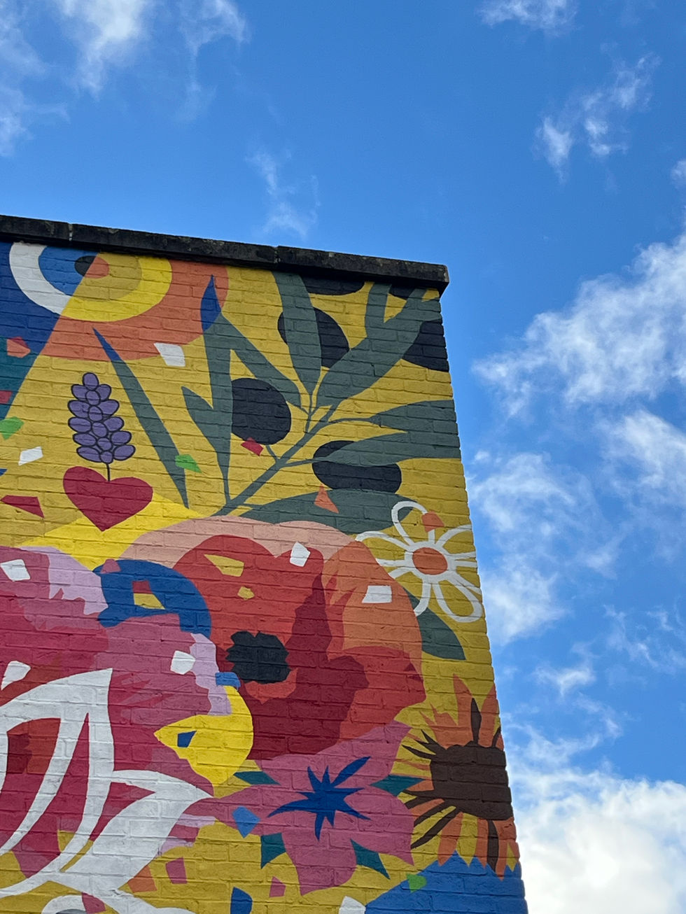 The image shows detail of a mural decorating a building called roots which was designed in collaboration with the community at ICM in Ipswich, Suffolk.  It was produced by Art Streets CIC and designed by the artist ATMA. The mural creates a point of interest in the town and contributes to the cultural offering of the town as art in the public realm
