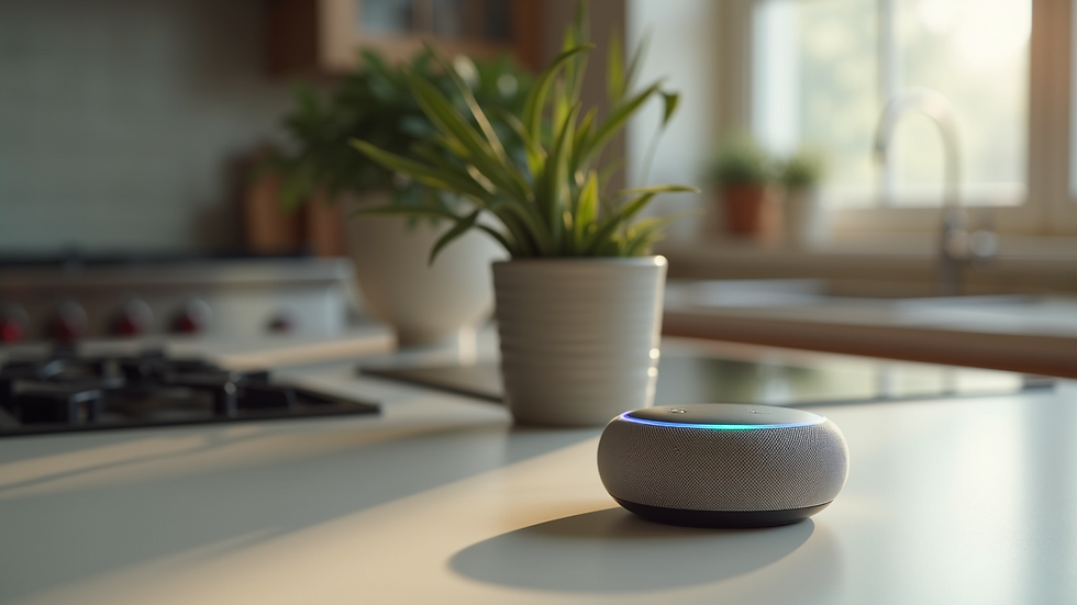 Close-up of a voice assistant device on a kitchen counter