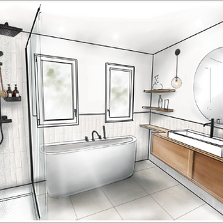 Projection dessin réalisée avec Matthieu Fillion, architecte d'intérieur, d'une des salles de bain de la maison : conseil sur le choix du carrelage au sol et carrelage mural et le sanitaire