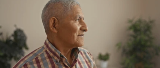 Una persona mayor con pelo corto y canoso lleva una camisa de cuadros con rayas rojas, azules y blancas. El fondo muestra un entorno interior desenfocado con plantas verdes.