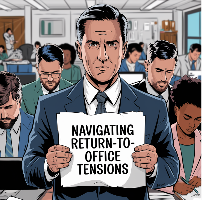 Illustration: Man holds sign, "Navigating Return-to-Office Tensions"