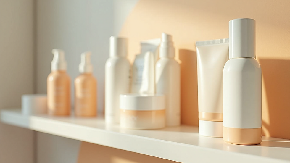 Eye-level view of a minimalist skincare shelf with sun protection products