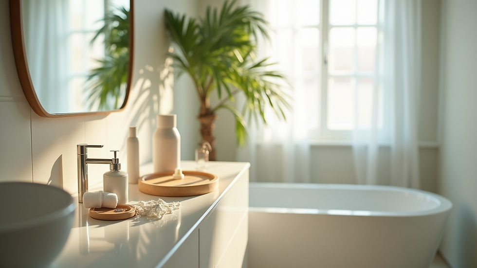 High angle view of a serene bathroom setting with a skincare routine setup