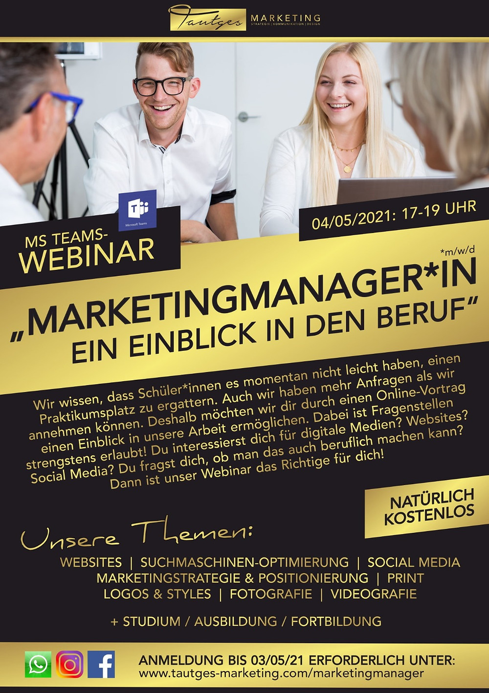 Wir veranstalten ein MS-Teams Webinar um Schülern und Schülerinnen einen Einblick in den Beruf des Marketingmanagers zu ermöglichen