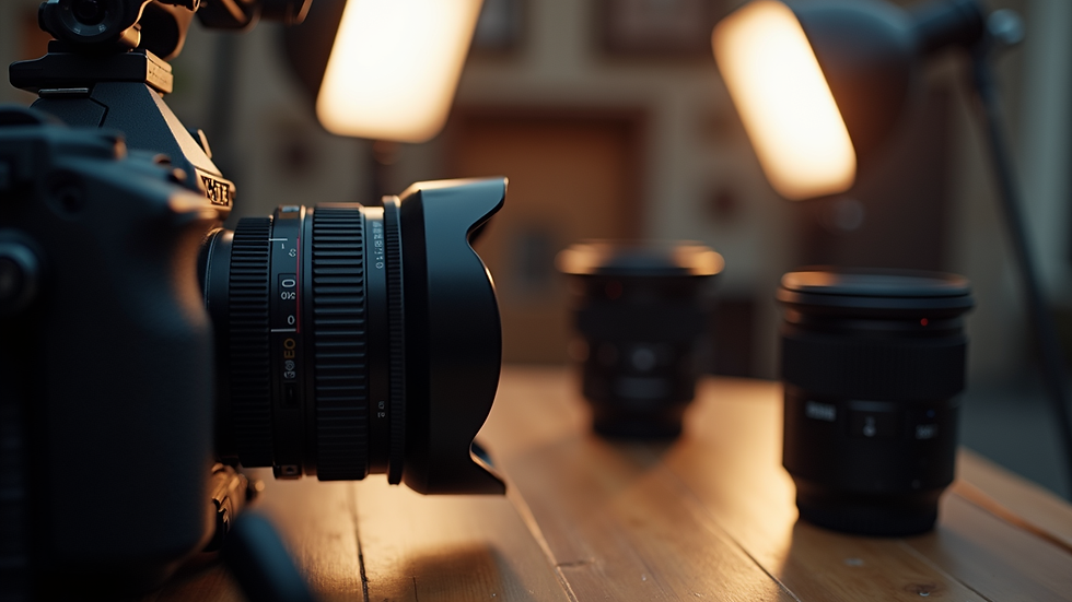 Close-up view of professional camera setup with lenses and lighting equipment