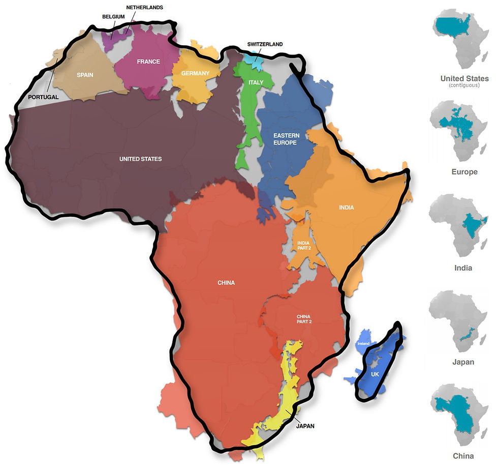 A map of Africa showing just how large the continent is in comparison to China, United States and other countries by placing 10 countries like a jigsaw puzzle puzzle within the continent itself.