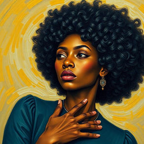 A Post-Impressionist painting of a black woman with a natural fro holding her chest