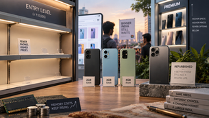 The image communicates the article's central tension very effectively: the entry-level market isn't simply getting cheaper or disappearing—it is being reshaped, with lower-spec new phones on one side and refurbished, better-specification older phones emerging as an alternative.