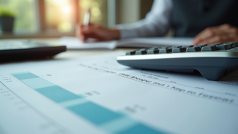 Eye-level view of a calculator and financial documents on a desk