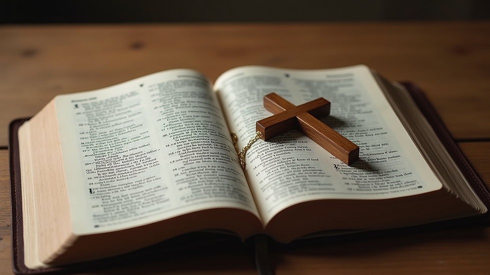 High angle view of a cross and open Bible on a wooden surface