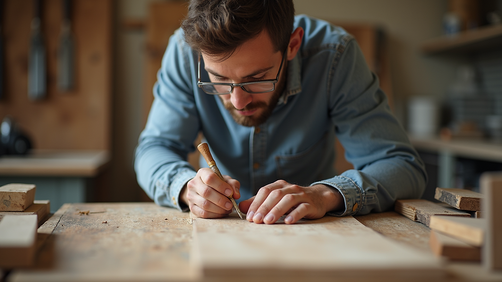 Close-up view of a man learning woodworking skills in a vocational training class
