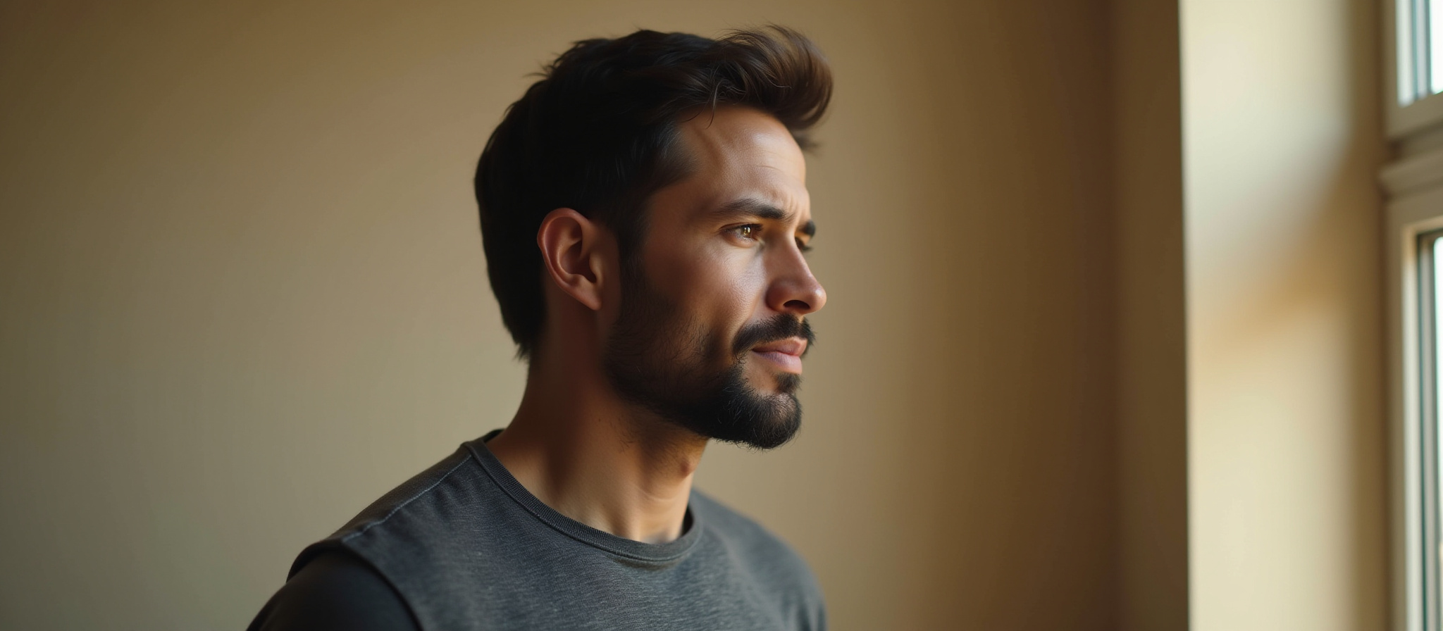 Bearded man looking thoughtfully out a window