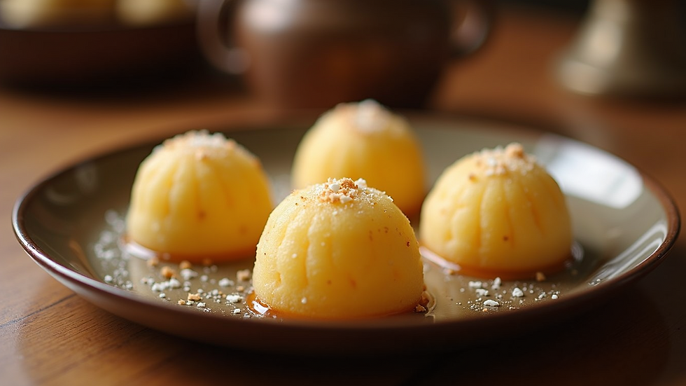 Eye-level view of a traditional Bengali sweet platter with sandesh and rasgulla