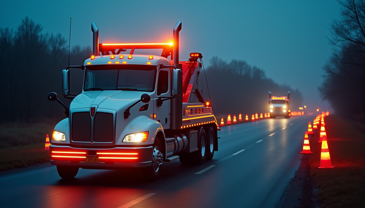 High angle view of a tow truck with full TowMate lighting setup including overhead lightbar, bumper lights, under glow strips, and safety cones with UV lights on a highway